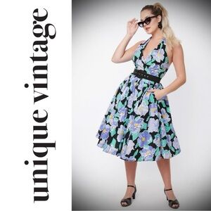 Unique Vintage Lilac Floral Swing Tarrytown Hostess Dress, Size L, *with flaws*